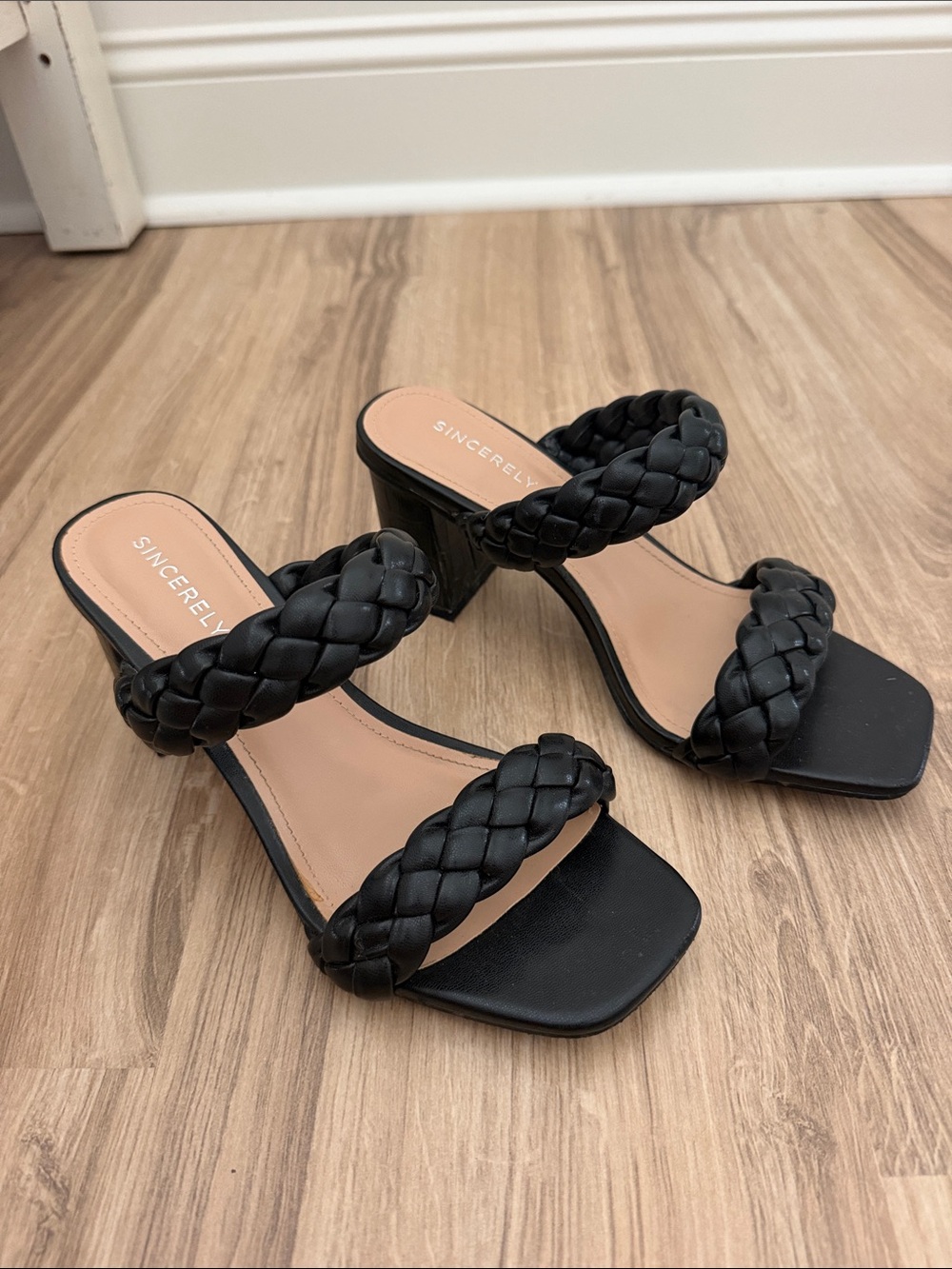 Black Braided Double-Strap Block Heel Sandals